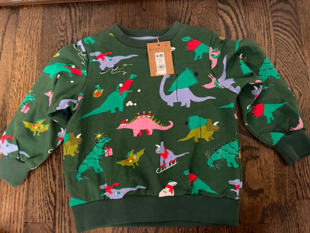 Mini Boden Green Holiday Dino Crewneck Sweater Sz 3-4 Years NWT